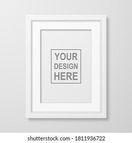 Vector 3d Realistic A4 Decorative White Wooden Simple Modern Frame for Presentation on a White Wall Background. Design Template for Mockup, Front View