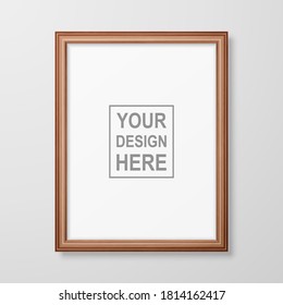 Vector 3d Realistic A4 Decorative Brown Wooden Simple Modern Frame for Presentation on a White Wall Background. Design Template for Mockup, Front View