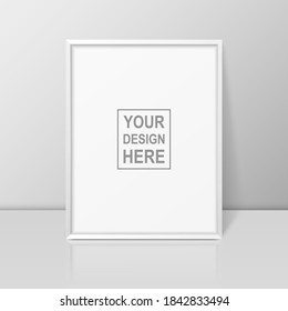 Vector 3d Realistic A4 White Wooden Simple Modern Frame on a Glossy White Shelf or Table with Reflection Against a White Wall. It can be used for presentations. Design Template for Mockup, Front View
