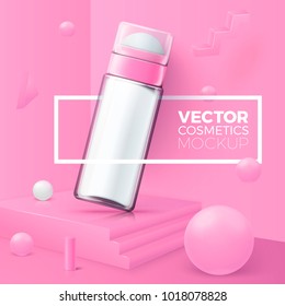 Vector 3d realistic abstract corner scene with text and border around deodorant bottle.  Soft pink and white colors, with geometric shapes.