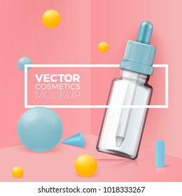 Vector 3d realistic abstract corner scene with text and border around dropper bottle. Soft pink, blue and yellow colors, with geometric shapes.