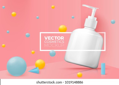 Vector 3d realistic abstract corner scene with text and border around dispenser bottle.  Soft pink, blue and yellow colors, with geometric shapes.