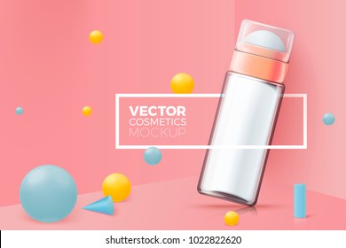 Vector 3d realistic abstract corner scene with text and border around deodorant bottle.  Soft pink, blue, yellow and white colors, with geometric shapes.