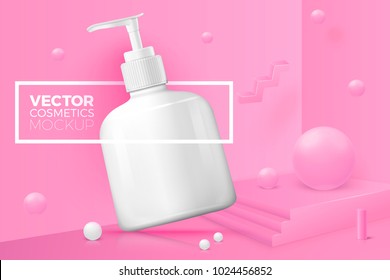 Vector 3d realistic abstract corner scene with text and border around dispenser bottle.  Soft pink colors, with geometric shapes.