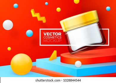 Vector 3d realistic abstract corner scene with glass cosmetics jar.  Bright blue, red and yellow background with geometric shapes and border.