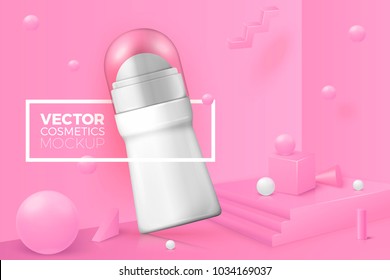 Vector 3d realistic abstract corner scene with text and border around deodorant bottle.  Soft pink and white colors, with geometric shapes.