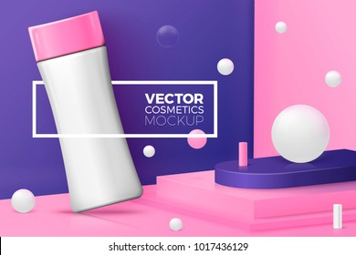 Vector 3d realistic abstract podium scene with text and border around shampoo bottle. Soft pink, violet background with geometric shapes.