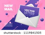Vector 3d realistic abstract scene with open envelope and postcard.  Bright pink, violet and white background with geometric shapes.