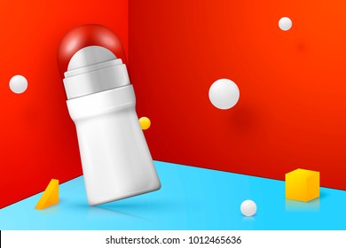 Vector 3d realistic abstract scene with deodorant bottle.  Bright blue, red and yellow background with geometric shapes.