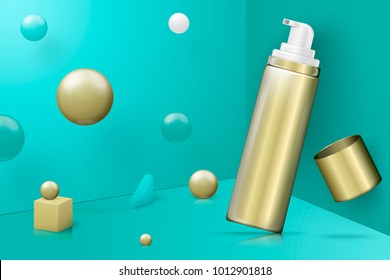 Vector 3d realistic abstract scene with mousse bottle.  Bright blue and golden background with geometric shapes.