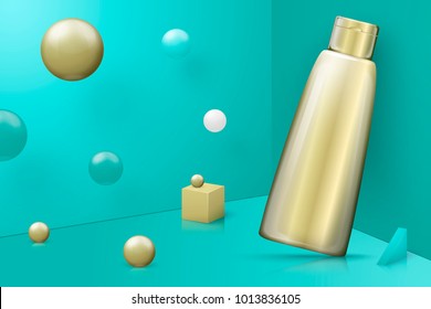 Vector 3d realistic abstract scene with gel bottle.  Bright blue and golden background with geometric shapes.
