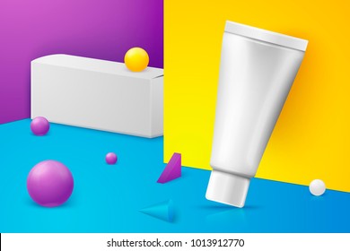 Vector 3d realistic abstract scene with paste tube and paper box.  Bright blue, violet and yellow background with geometric shapes.
