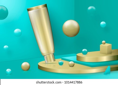 Vector 3d realistic abstract scene with paste tube.  Bright blue and golden background with geometric shapes.