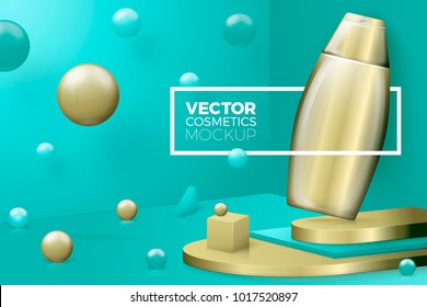 Vector 3d realistic abstract scene with text, border and shampoo bottle.  Gold and green background with geometric shapes and walls.
