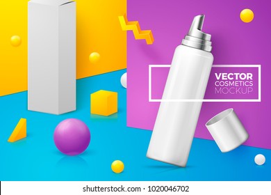 Vector 3d realistic abstract scene with text and border, mousse bottle and box.  Bright violet, blue and yellow background with geometric shapes and walls.