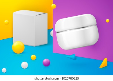 Vector 3d realistic abstract scene with cream jar and paper box.  Bright blue, violet and yellow background with geometric shapes.