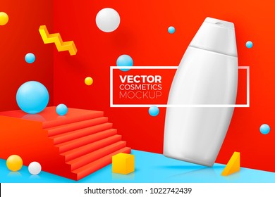 Vector 3d realistic abstract scene with shampoo bottle and place for your text.  Bright blue, red and yellow background with geometric shapes and border.