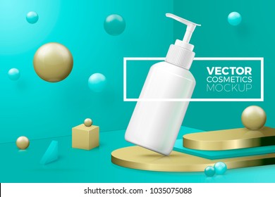 Vector 3d realistic abstract scene with text, border and cream dispenser bottle.  Gold and green background with geometric shapes and walls.