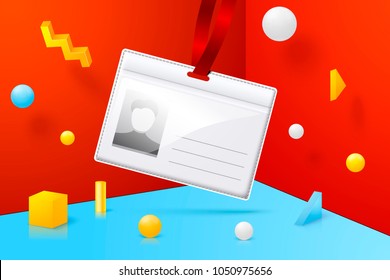 Vector 3d realistic abstract scene with badge on a lanyard.  Bright blue, red and yellow background with geometric shapes and border.