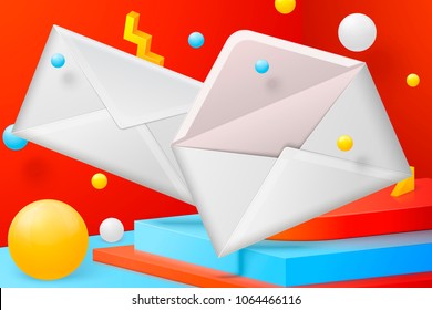 Vector 3d realistic abstract scene with open and close envelope.  Bright blue, red and yellow background with geometric shapes and border.
