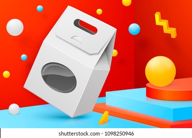 Vector 3d realistic abstract scene, paper box with transparent window.  Bright blue, red and yellow background with geometric shapes and border.