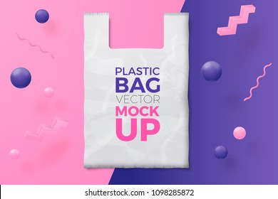 Vector 3d realistic abstract scene with plastic bag and text, violet, pink and white balls and objects.