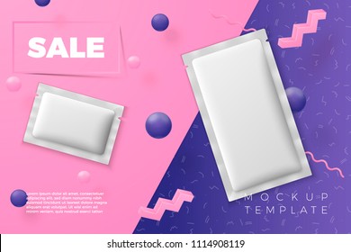 Vector 3d realistic abstract scene with plastic sachet bags and text, violet, pink and white balls and objects.