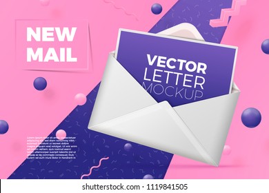 Vector 3d realistic abstract scene with open envelope and postcard.  Bright pink, violet and white background with geometric shapes.