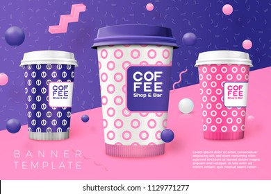 Vector 3d realistic abstract scene with text and border, coffee cups, pink, white, violet balls and objects.

