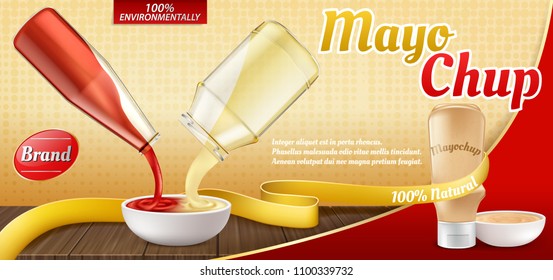 Afiche de anuncios realistas Vector 3d con botella de plástico con salsa mayochup y cocina de ella. Receta de mezcla, mezcla de mayonesa y ketchup. Banner promocional de acondicionamiento para cocina, barbacoa o picnic