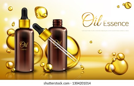 Vector 3d realistic ad poster, promo banner with oil essence in brown glass bottles with a pipette. Yellow liquid in droplets, spots. Oily cosmetics on a background. Natural vitamins in cosmetic.