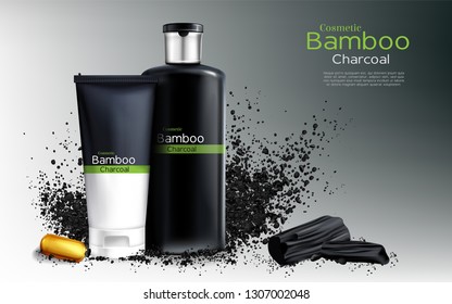 Vector 3d realistic ad poster with charcoal cosmetics - shampoo with natural bamboo, cream and oil capsule. Deep cleansing cosmetic. Moisturizer, wrapping, branded container. Haircare, hygiene product