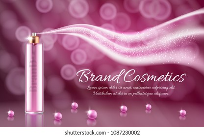 Vector 3d realistic ad, promotion cosmetic banner of essence, mock up with glass spray and wave, plume of scent, flavor. Plastic jar on pink background with pearls. Skincare, beauty product