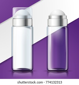 Vector 3d realistic advert of glass transparent deodorant bottles, on bright active violet and white background. Mock-up for product package branding.