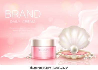 Vector 3d Realistic Advertising Mock Up - Daily Cream In Pink Jar, Cosmetics Background With Light Aerial Fabric. Moisturizing Essence With Pearl In Shell For Poster, Banner. Skincare, Hygiene Product