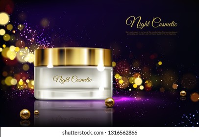 Vector 3d realistic advertising mock up - night cream in jar, luxury cosmetics. Moisturizing essence with pearl in branded glass container, golden cap. Skincare, hygiene product on blurred background.