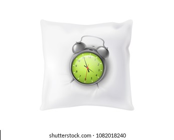 Vector 3d realistic alarm clock on white soft pillow. Sleeping concept isolated on background. Feather cushion for relaxation.