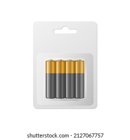Vector 3d Realistic Alkaline AA Batteries in Blister, Packaging. White Paper Accumulator Pack Isolated. Design template of Batteries for Branding, Mockup. Closeup