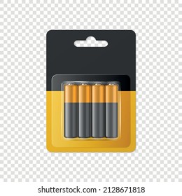 Baterías AA alcalinas realistas vectoriales 3d en Blister, embalaje. Paquete de acumulador de papel negro y amarillo aislado. Plantilla de diseño de baterías para promoción de marca, recogida. Cierre