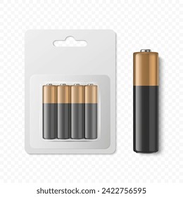 Vector 3D Realistic Alkaline Battery Set in Paper Blister Closeup Isolated. AA Size. Design Template for Branding and Mockup. Energy and Technology Concept