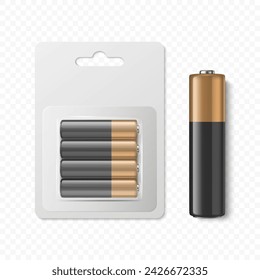 Vector 3D Realistic Alkaline Battery Set in Paper Blister Closeup Isolated. AA Size. Design Template for Branding and Mockup. Energy and Technology Concept