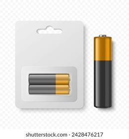 Vector 3D Realistic Alkaline Battery Set in Paper Blister Closeup Isolated. AA Size. Design Template for Branding and Mockup. Energy and Technology Concept