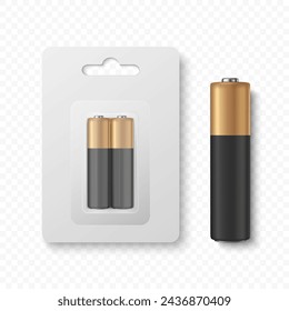 Vector 3D Realistic Alkaline Battery Set in Paper Blister Closeup Isolated. AA Size. Design Template for Branding and Mockup. Energy and Technology Concept