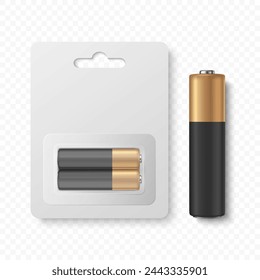 Vector 3D Realistic Alkaline Battery Set in Paper Blister Closeup Isolated. AA Size. Design Template for Branding and Mockup. Energy and Technology Concept