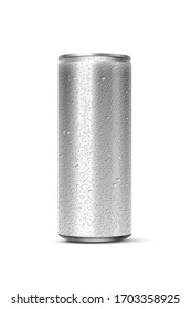 Vector 3D realistic aluminum can with water drops isolated on white background. Empty template mockup for beer, alcohol, soft drinks, soda, energy drink. Advertising and presentation design element
