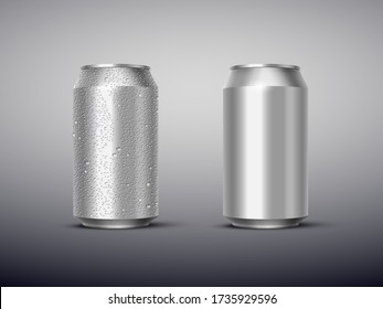 Vector 3D realistic aluminum cans with and without water drops isolated on gray background. Empty templates for beer, alcohol, soda, energy drink. Advertising and presentation design element