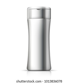 Vector 3d realistic aluminum shampoo bottle with reflection. Mock-up for product package branding.