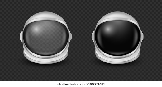 Vector 3d Realistic Astronaut Helmets, Cosmonaut Mask with Transparent Glass Visor for Space Exploration, Icon Set Isolated. White Suit Part for Spaceman Head Protection. Space Helmet Design Template