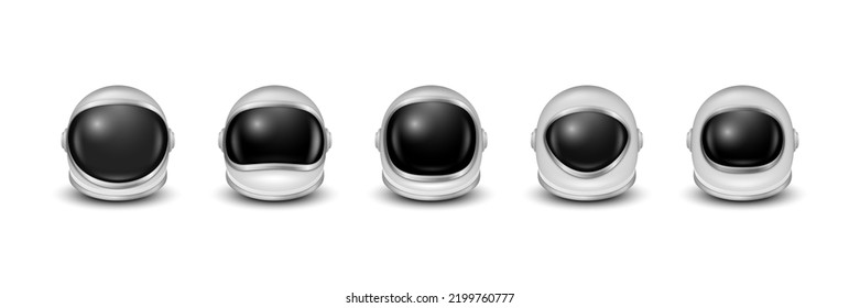 Vector 3d Realistic Astronaut Helmets, Cosmonaut Mask Glass Visor For Space Exploration, Icon Set Isolated. White Suit Part For Spaceman Head Protection. Space Helmet Design Template