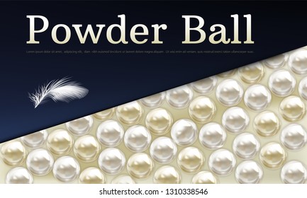 Vector 3d realistic background with powder balls - beauty makeup product isolated on dark background. Top view on bright pearls of cosmetics, female rouge with white feather. Facial cosmetic, blusher.